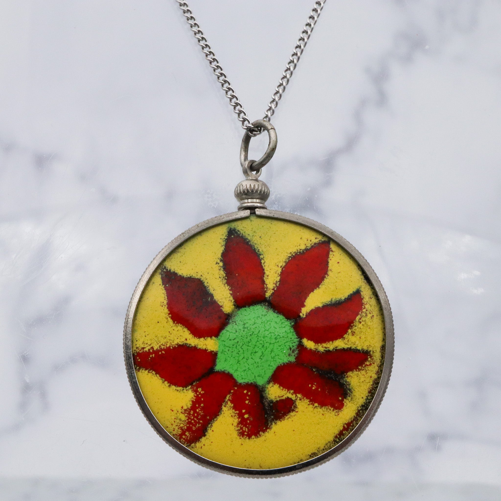 Retro handmade enameled copper double sided medallion pendant with butterfly & flower